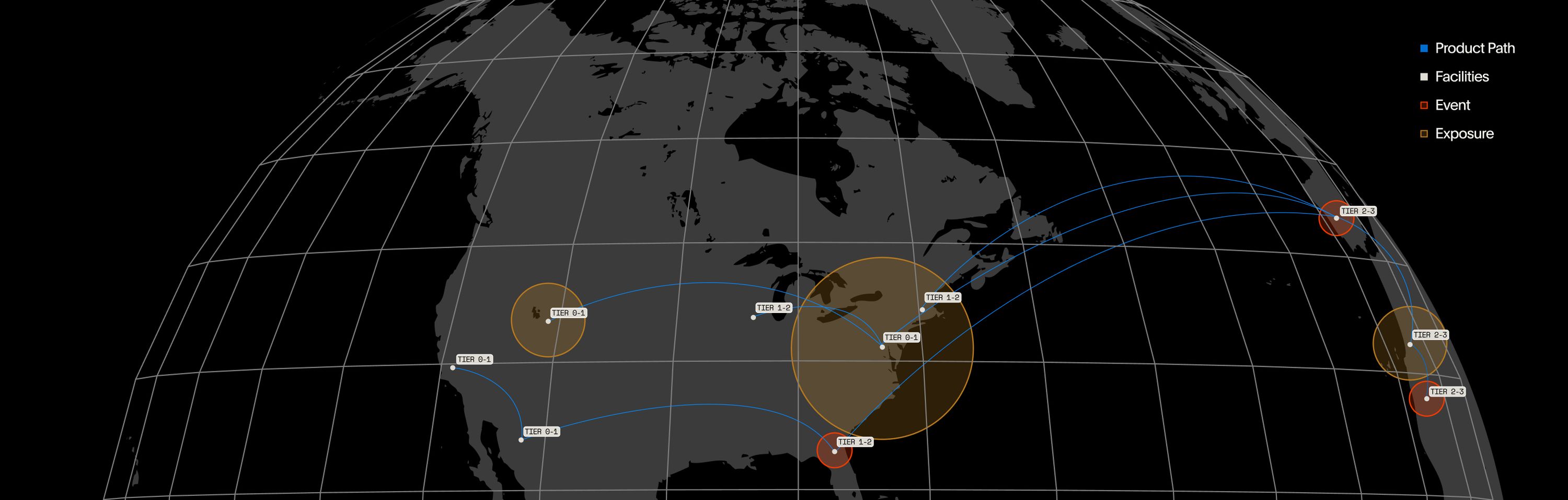 Global map image with location based supply chain marks and risk assessment