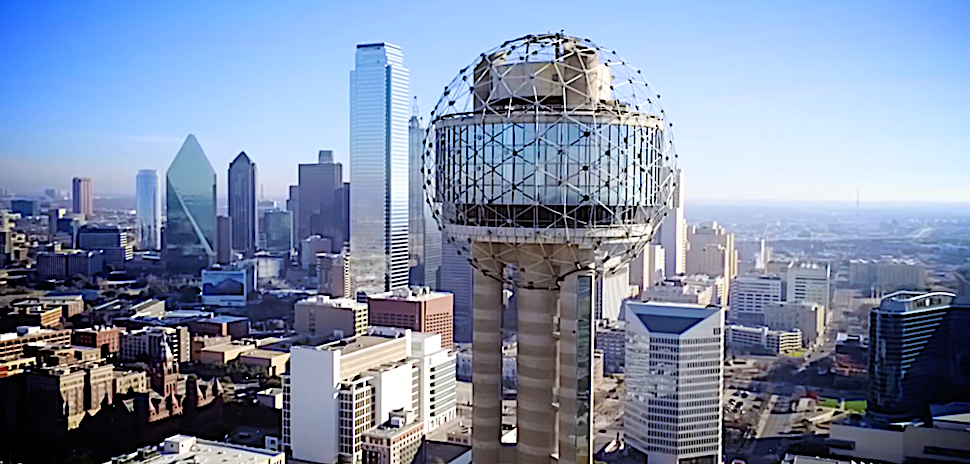 Reunion Tower rising above the downtown Dallas skyline