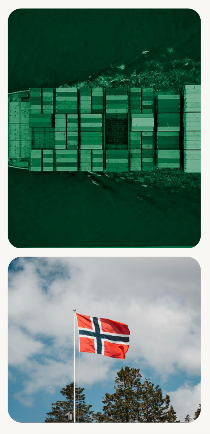 Green-toned aerial of a container ship paired with a Norwegian flag