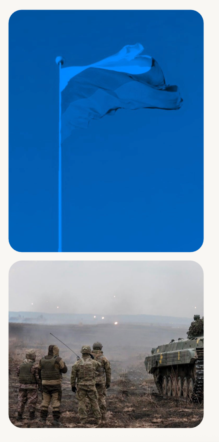 Blue-toned image of a Ukrainian flag paired with soldiers and a military vehicle