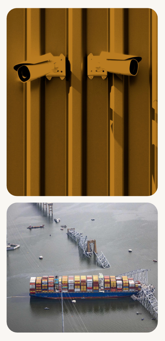 Mustard-toned shipping container detail paired with the Francis Scott Key Bridge collapse aftermath