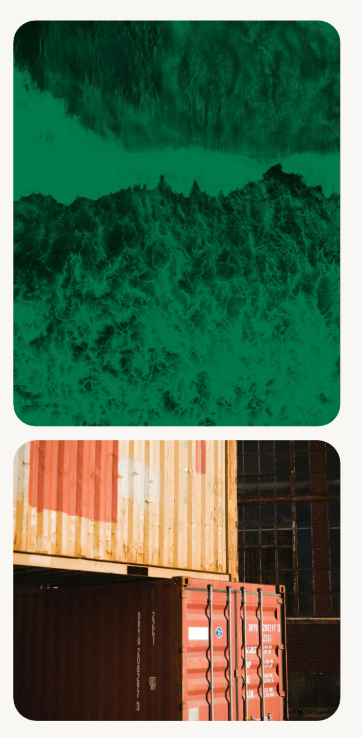 Green-toned aerial of ocean waves paired with stacked shipping containers