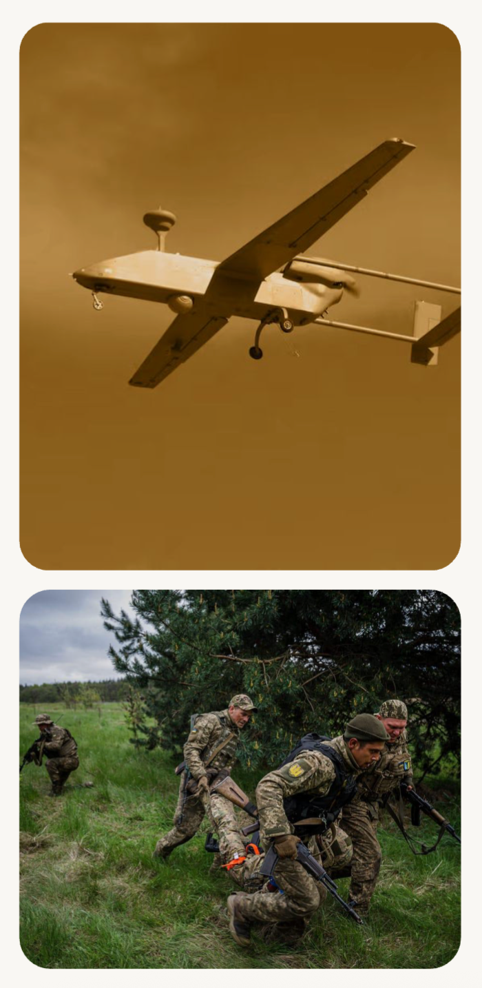 Mustard-toned image of a military drone paired with soldiers on patrol