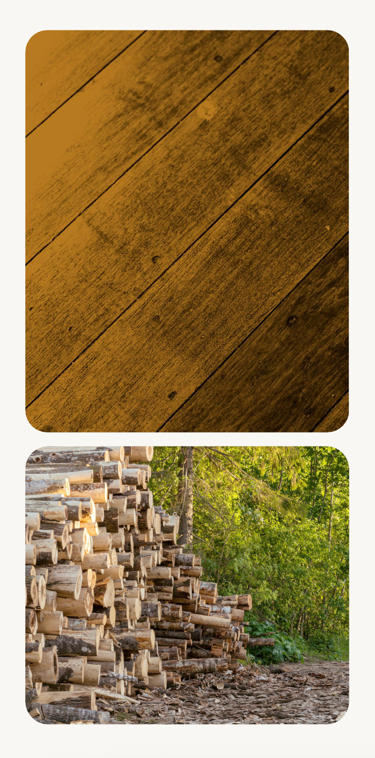 Mustard-toned hardwood flooring close-up paired with stacked timber logs