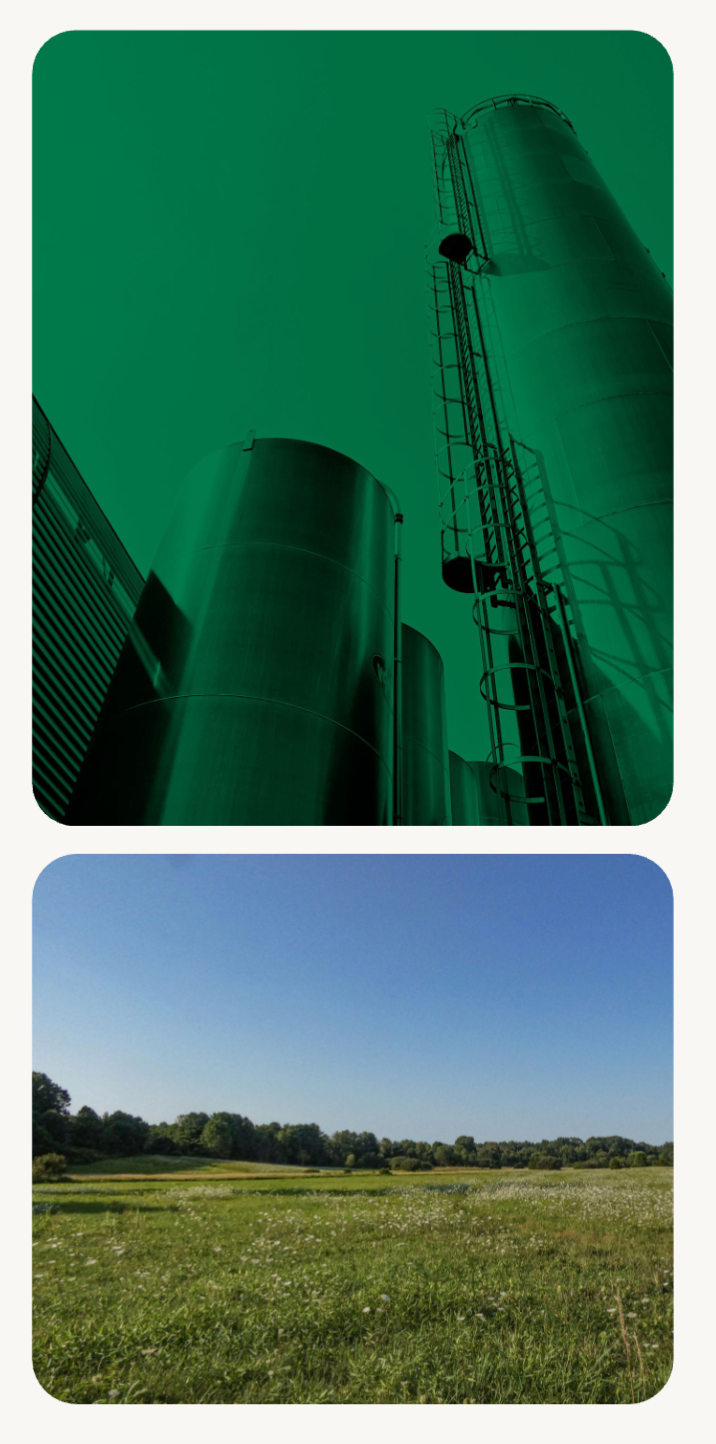 Green-toned chemical storage tank paired with a wide open field
