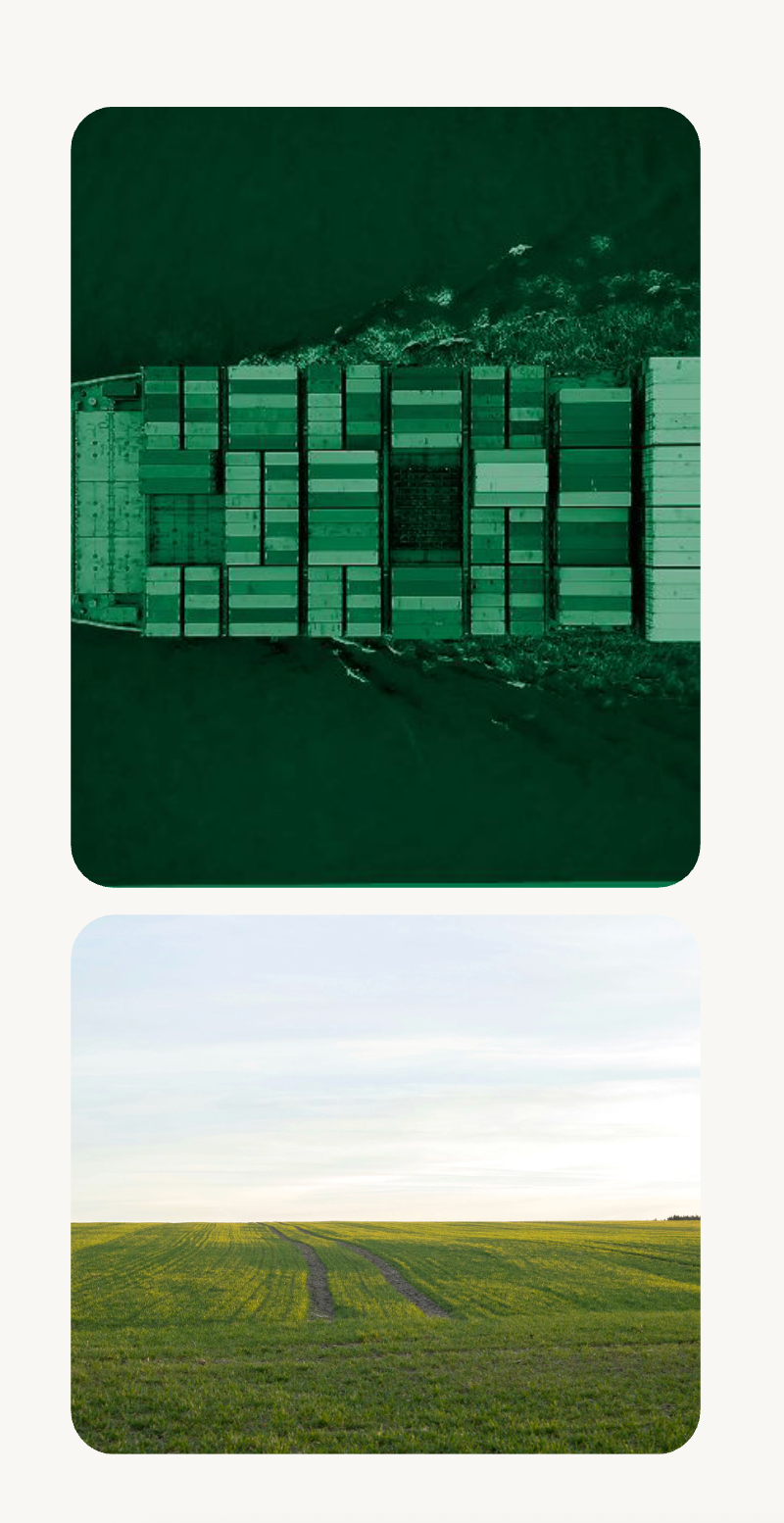 Green-toned aerial of a container ship paired with farmland at sunset