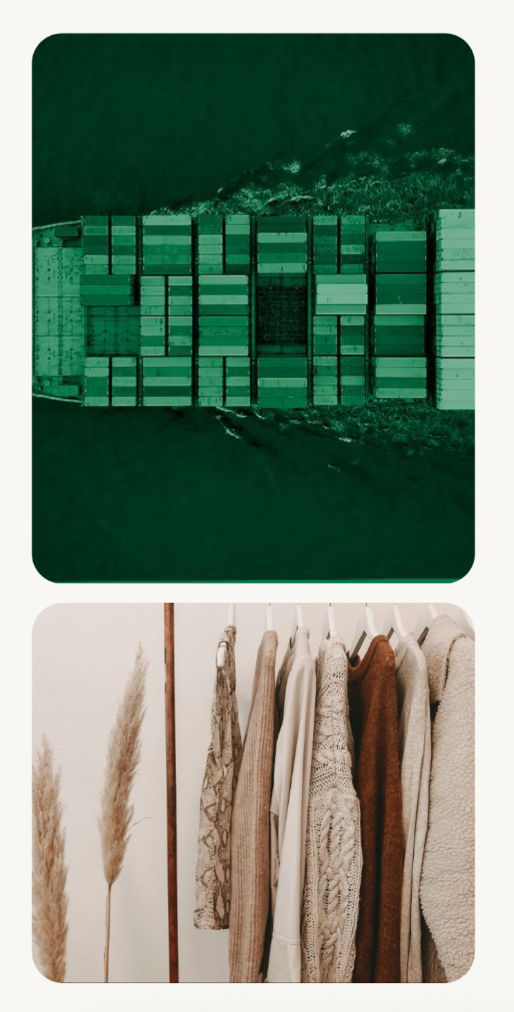 Green-toned aerial image of a container ship paired with a clothing rack