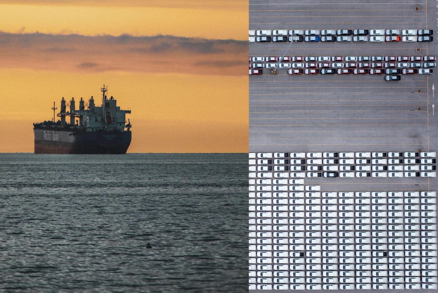 A ship sailing the sea with a sunset