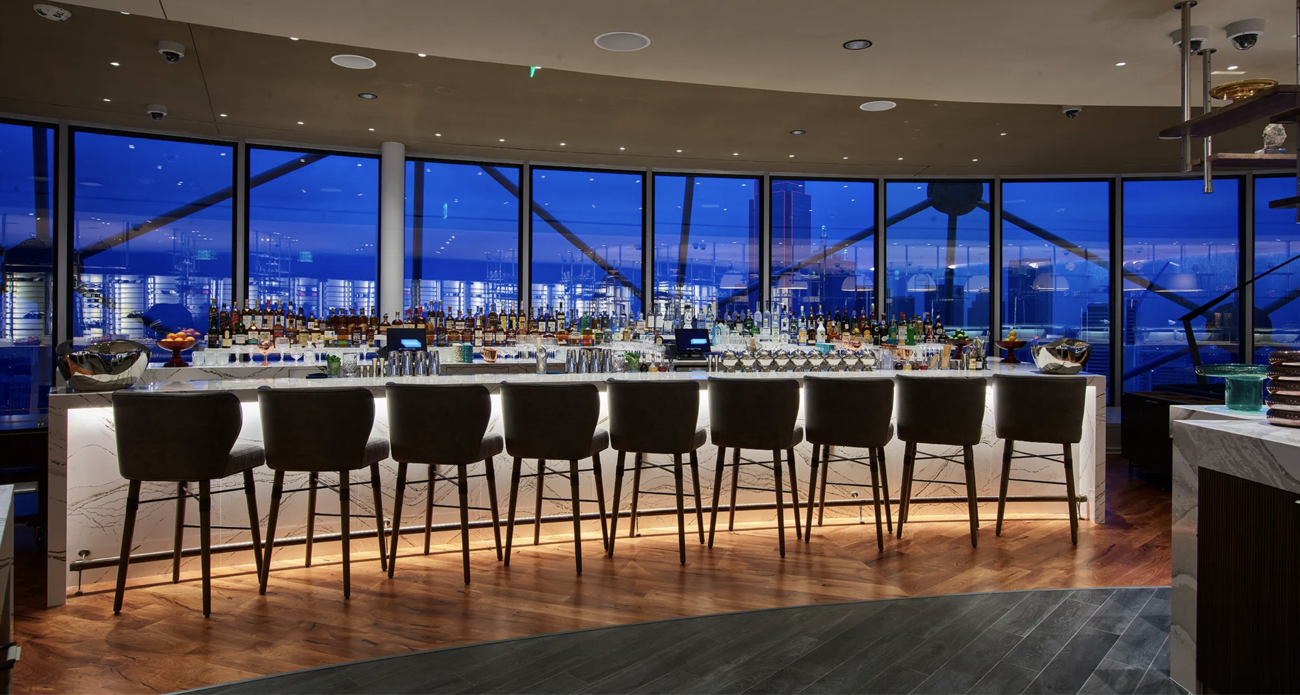The Crown Block bar atop Reunion Tower with floor-to-ceiling skyline views