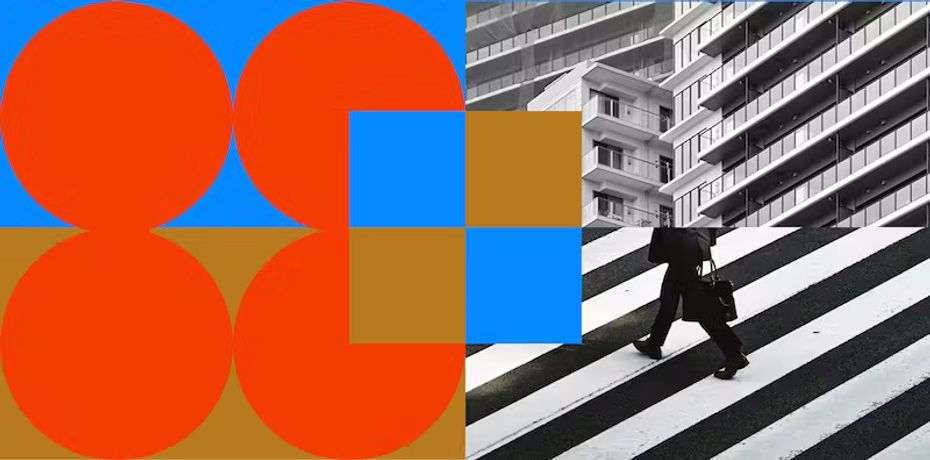 Decorative shapes and a man walking across a crosswalk