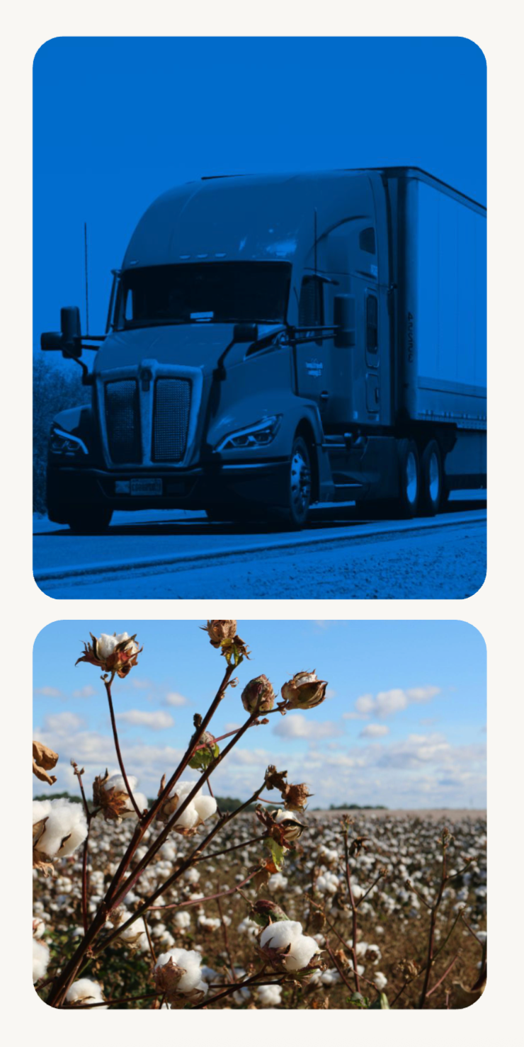 Blue-toned image of a semi truck on the road paired with a cotton field