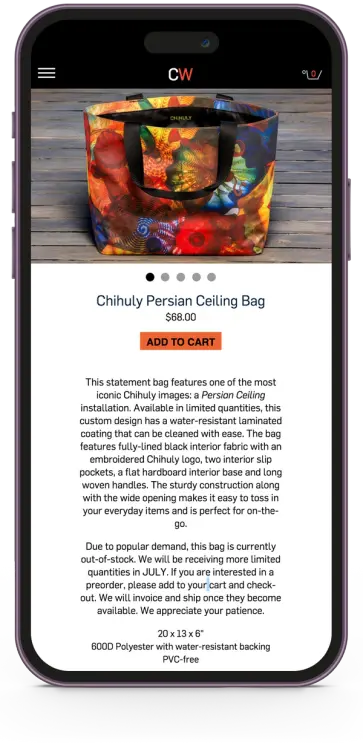 Chihuly tote bag webpage on iPhone