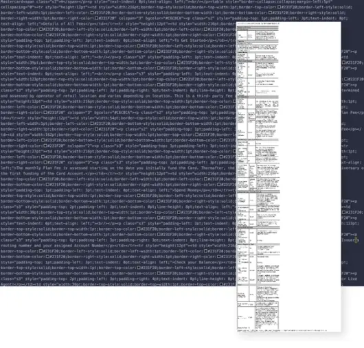 A screenshot of a document and it's code when exported from a Word doc, but before normalization