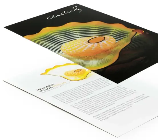 Front and back of the Chihuly Mandarin Yellow Persian marketing card