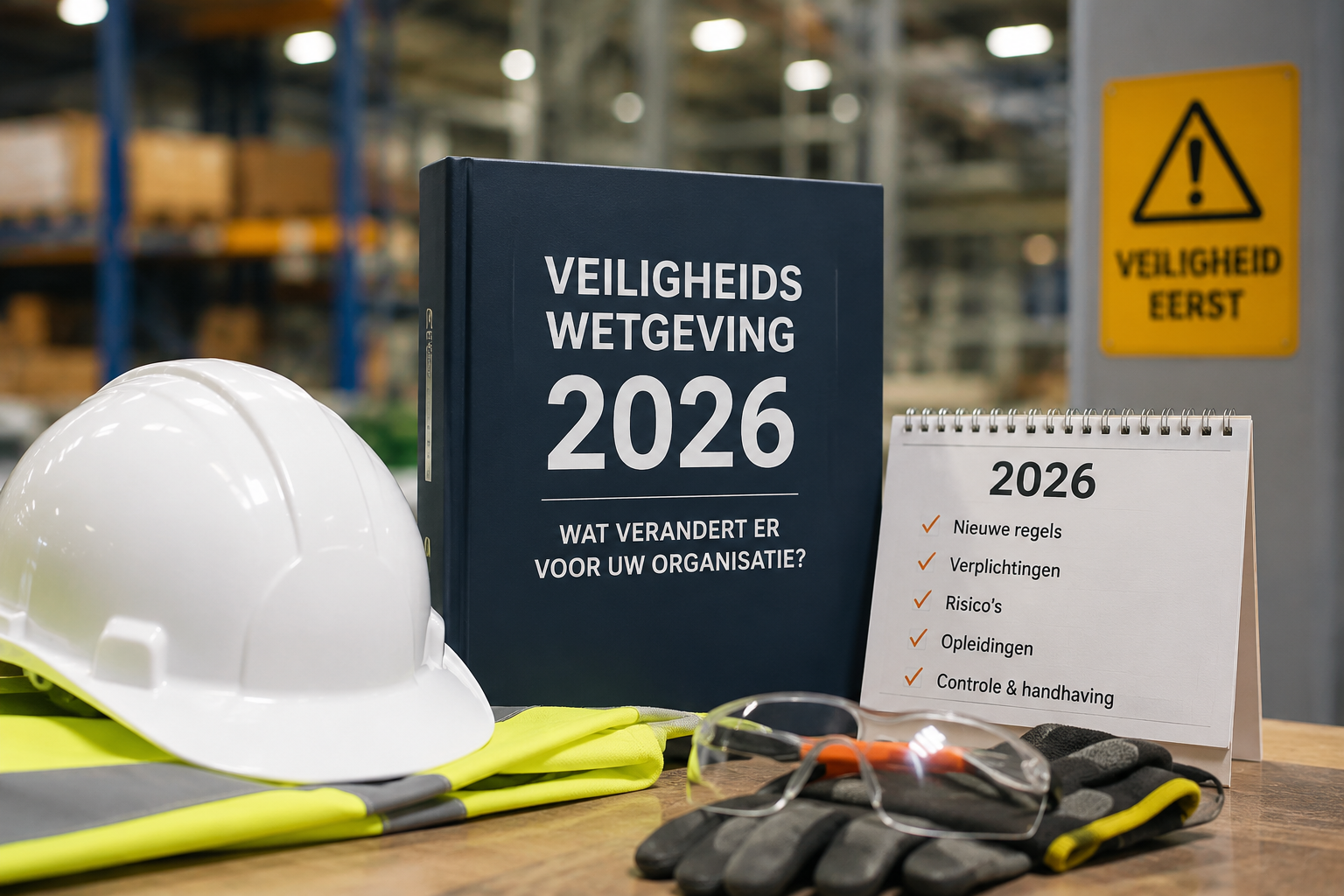 Werknemer in veiligheidsvest en helm bedient een heftruck in een magazijn tijdens een veiligheidsopleiding