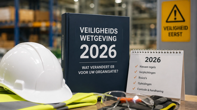 Werknemer in veiligheidsvest en helm bedient een heftruck in een magazijn tijdens een veiligheidsopleiding