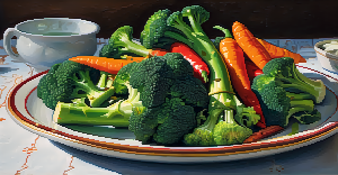 A bright and colorful plate featuring steamed broccoli, roasted peppers, and carrots, showcasing fresh vegetables under soft natural light.