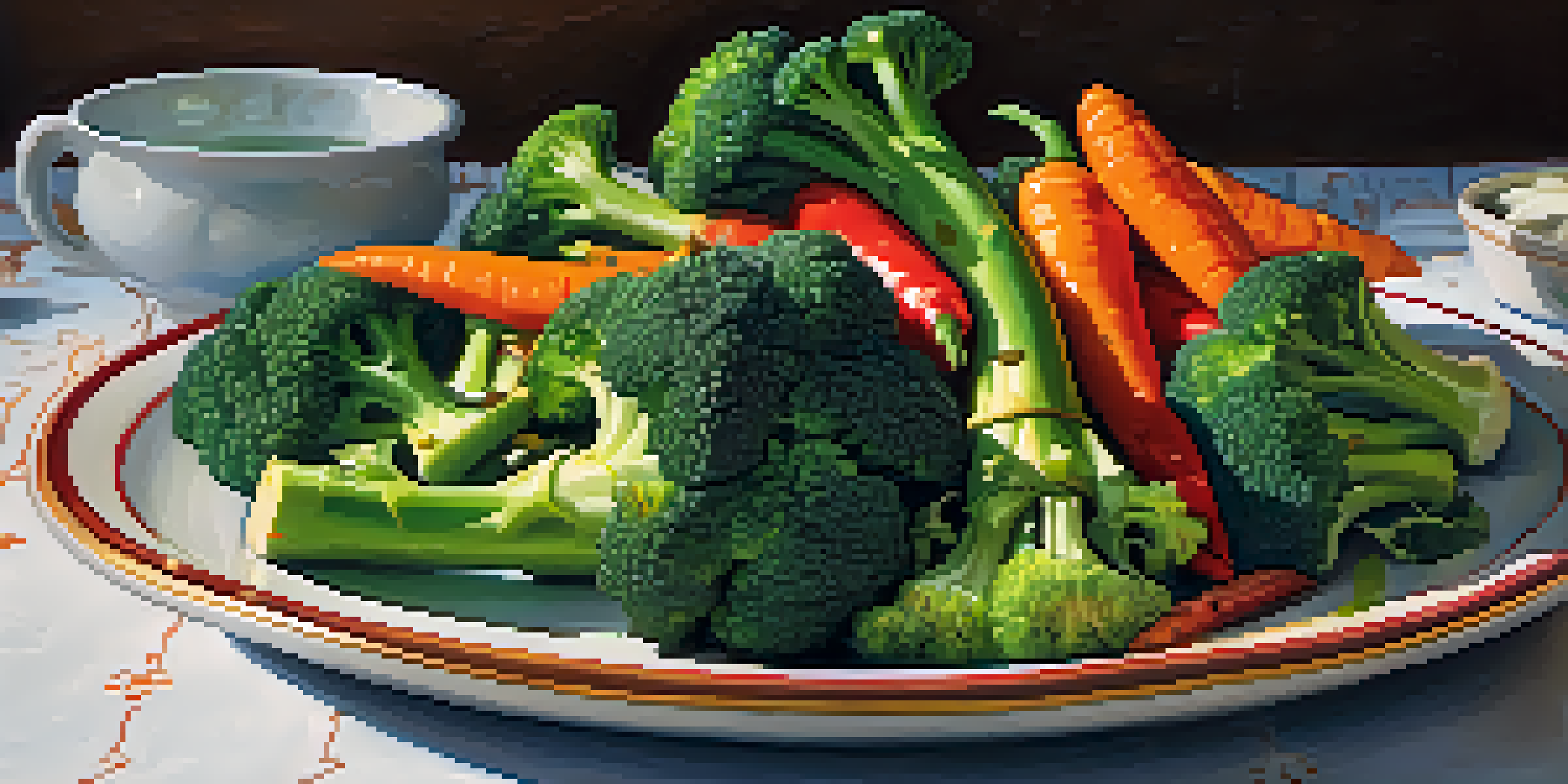 A bright and colorful plate featuring steamed broccoli, roasted peppers, and carrots, showcasing fresh vegetables under soft natural light.