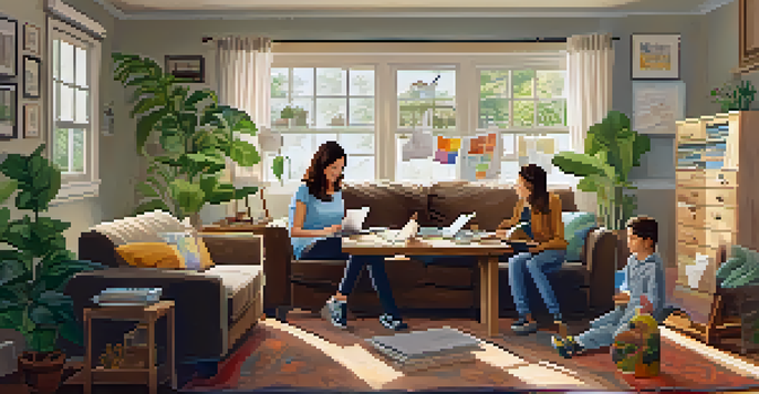 A family of four sitting around a wooden table in a cozy living room, discussing financial planning with papers and a laptop.