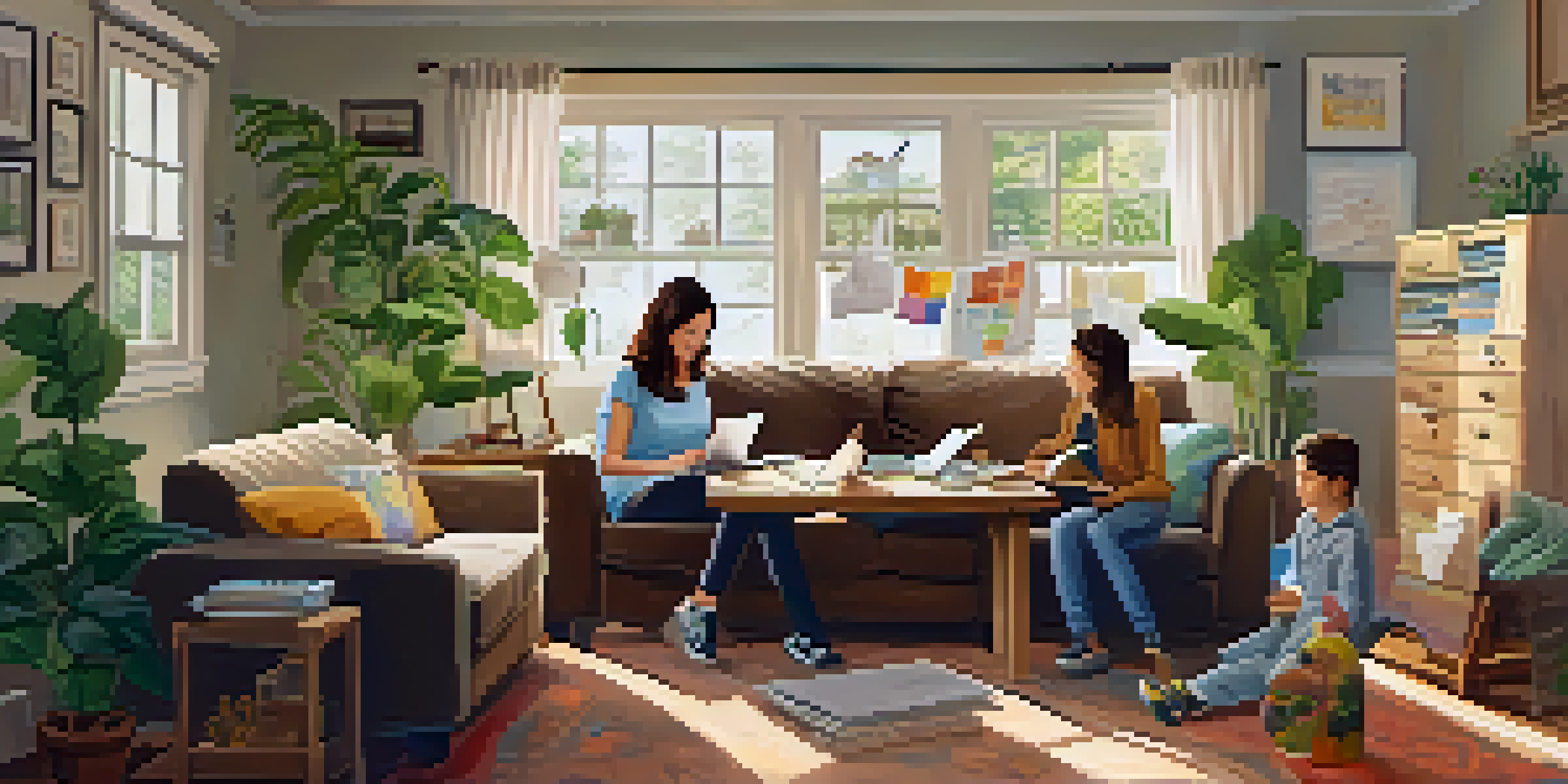 A family of four sitting around a wooden table in a cozy living room, discussing financial planning with papers and a laptop.