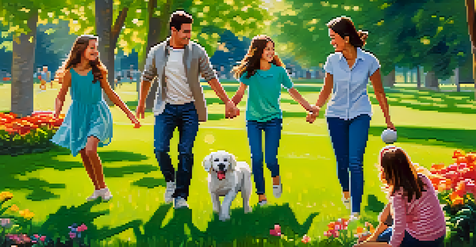 A family playing with their dog in a sunny park, laughing and enjoying their time together.