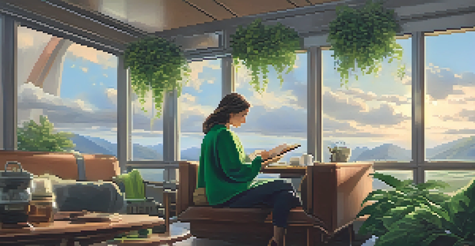 A woman in an airport lounge reading a health guide while sipping herbal tea, surrounded by plants and a cloudy sky outside.