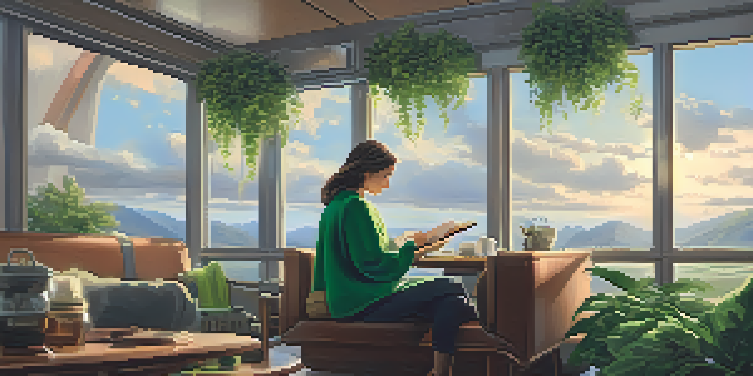 A woman in an airport lounge reading a health guide while sipping herbal tea, surrounded by plants and a cloudy sky outside.