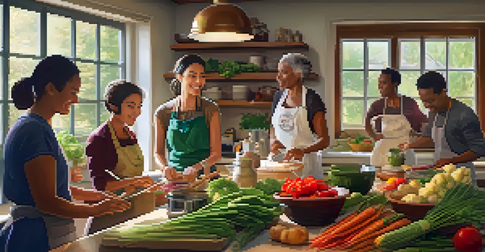 A diverse group of people cooking together in a warm, inviting kitchen with fresh ingredients and natural light.