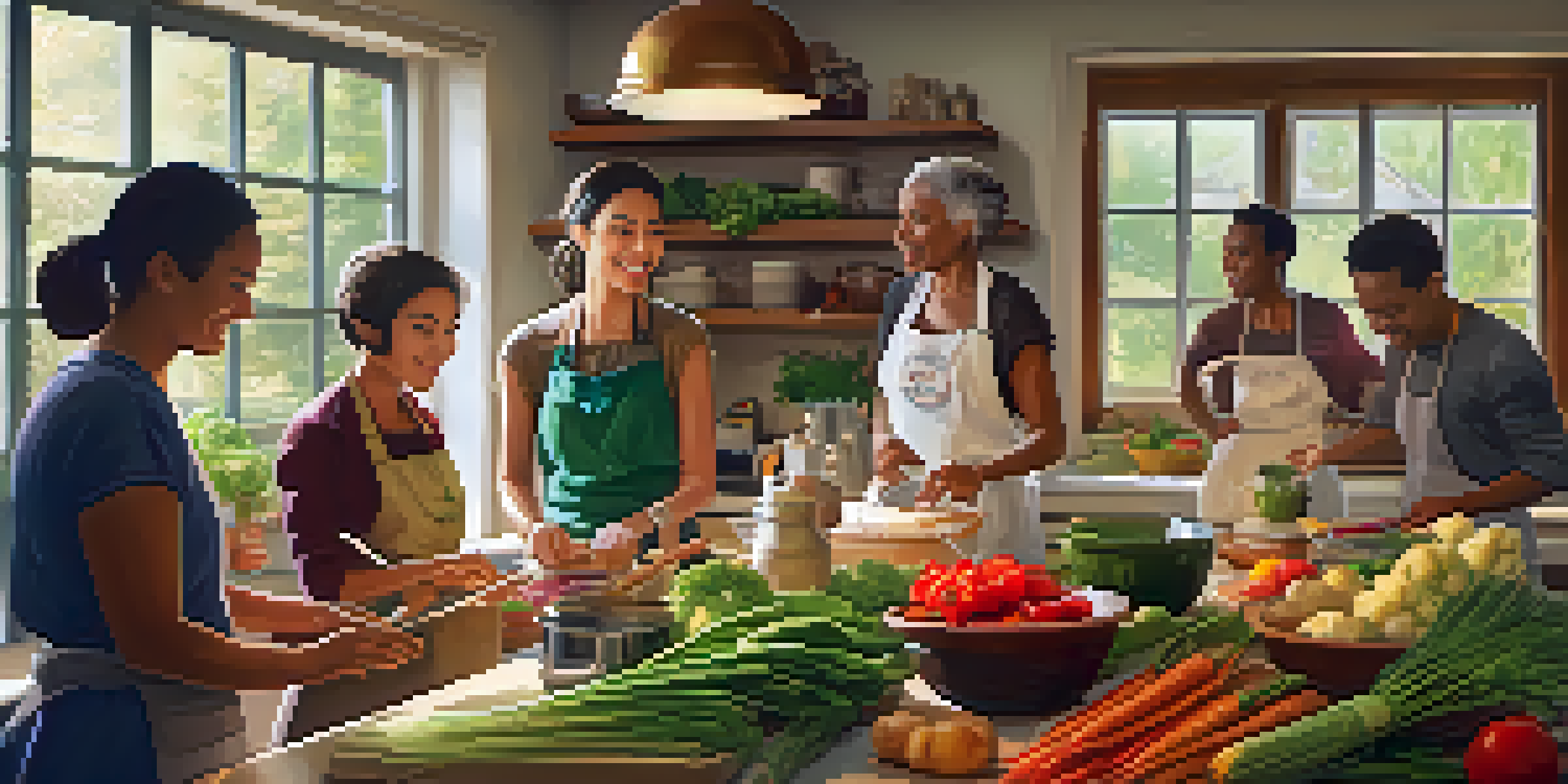 A diverse group of people cooking together in a warm, inviting kitchen with fresh ingredients and natural light.