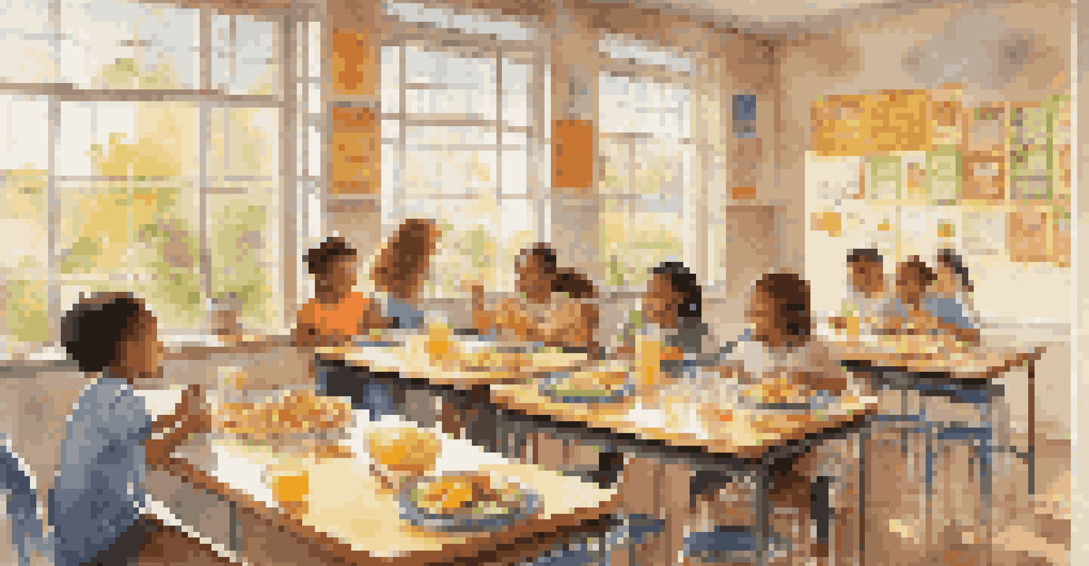 Students in a classroom enjoying a balanced breakfast with whole grain toast, avocado, and orange juice, surrounded by educational nutrition posters.