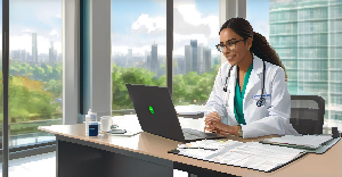 A healthcare provider conducting a telehealth consultation with a patient via laptop, surrounded by medical charts and a stethoscope.