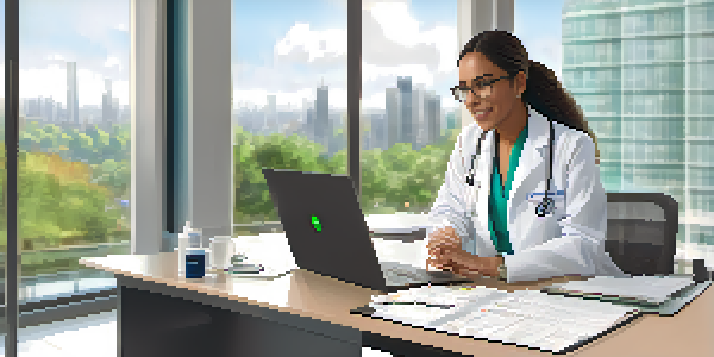 A healthcare provider conducting a telehealth consultation with a patient via laptop, surrounded by medical charts and a stethoscope.