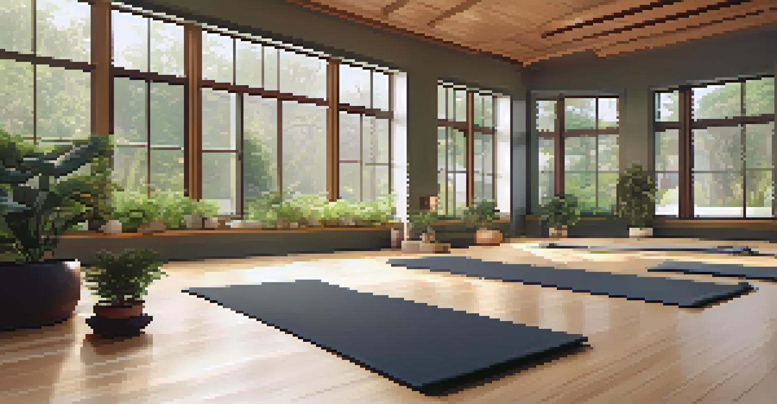 A calming yoga studio with windows overlooking a garden, featuring yoga mats and soft lighting.