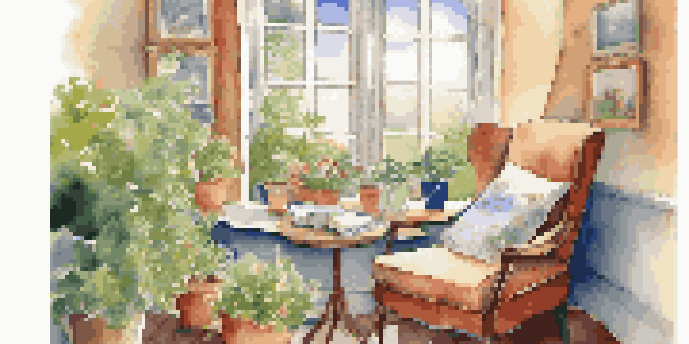 A cozy reading nook by a window, featuring a plush armchair, a blanket, and a cup of tea, with a lush garden visible outside.