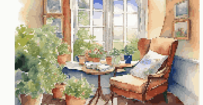 A cozy reading nook by a window, featuring a plush armchair, a blanket, and a cup of tea, with a lush garden visible outside.