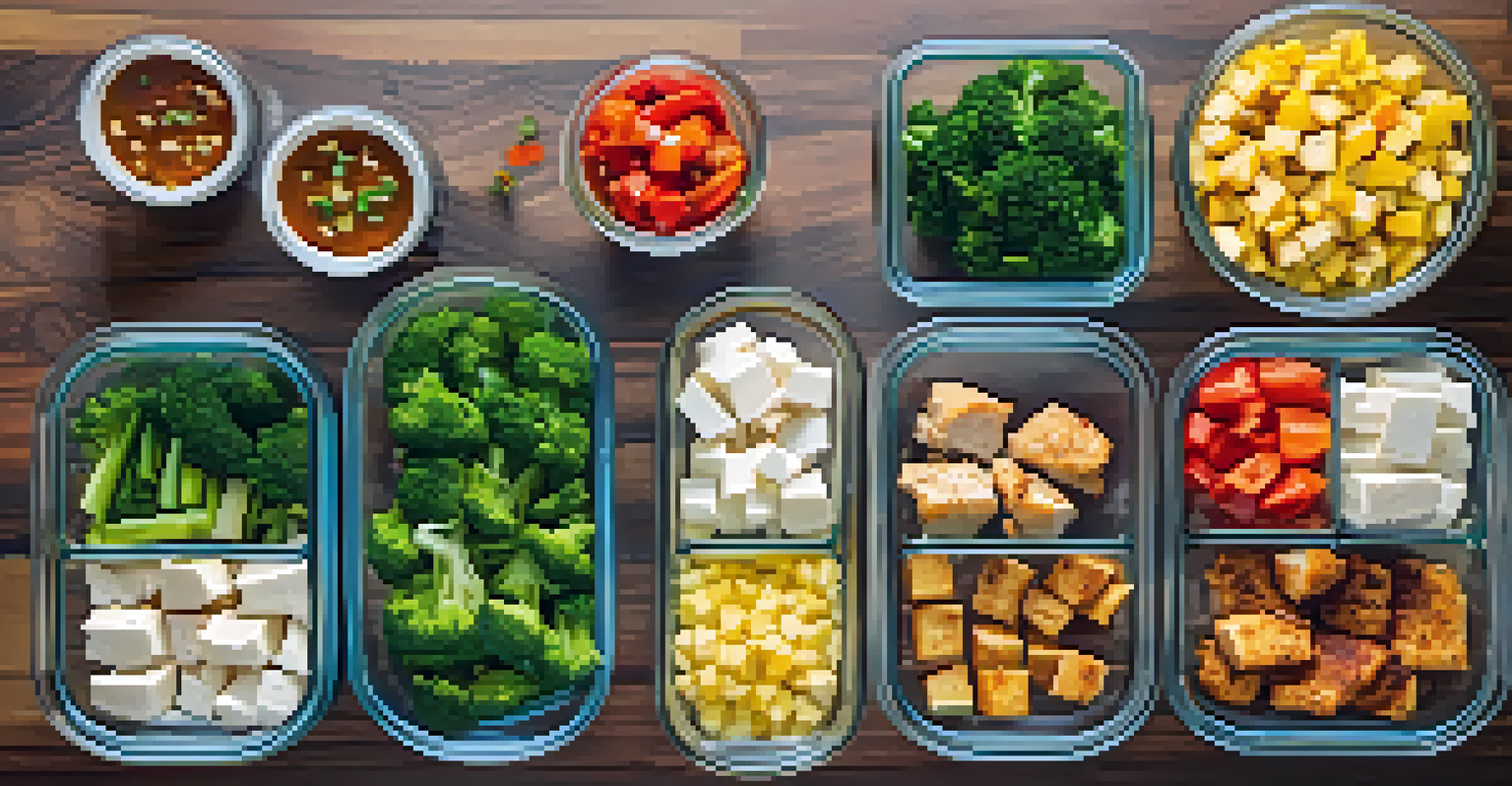 A meal prep station with glass containers of sautéed chicken, tofu, and vegetables arranged on a wooden countertop.