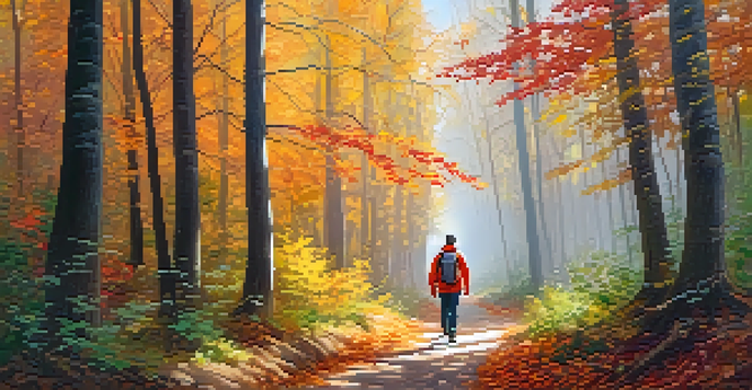 A person walking on a forest path covered with autumn leaves, surrounded by colorful trees and soft sunlight.