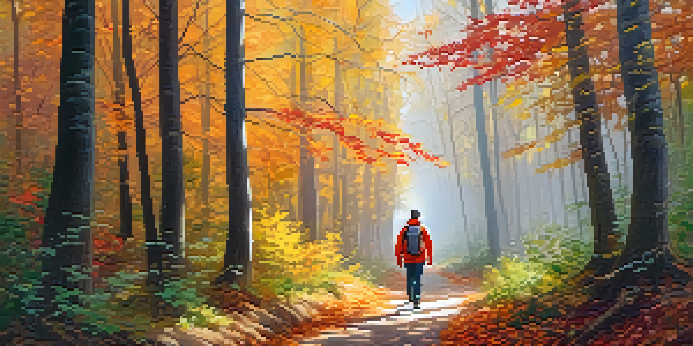 A person walking on a forest path covered with autumn leaves, surrounded by colorful trees and soft sunlight.