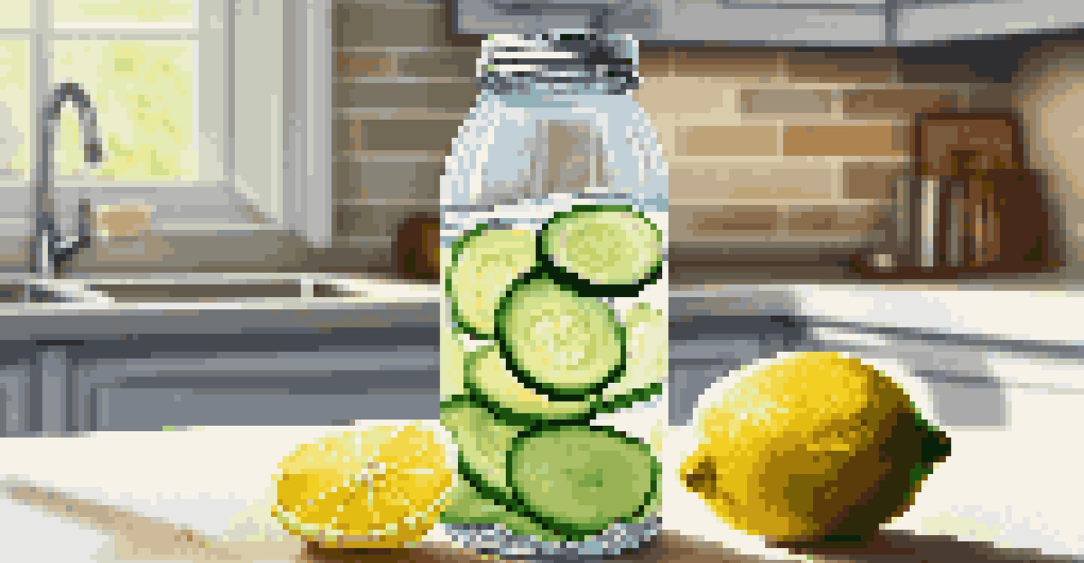 A water bottle with lemon and cucumber slices on a kitchen counter surrounded by fresh fruits.