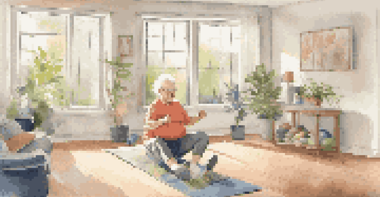An elderly man exercising with resistance bands in a cozy living room.