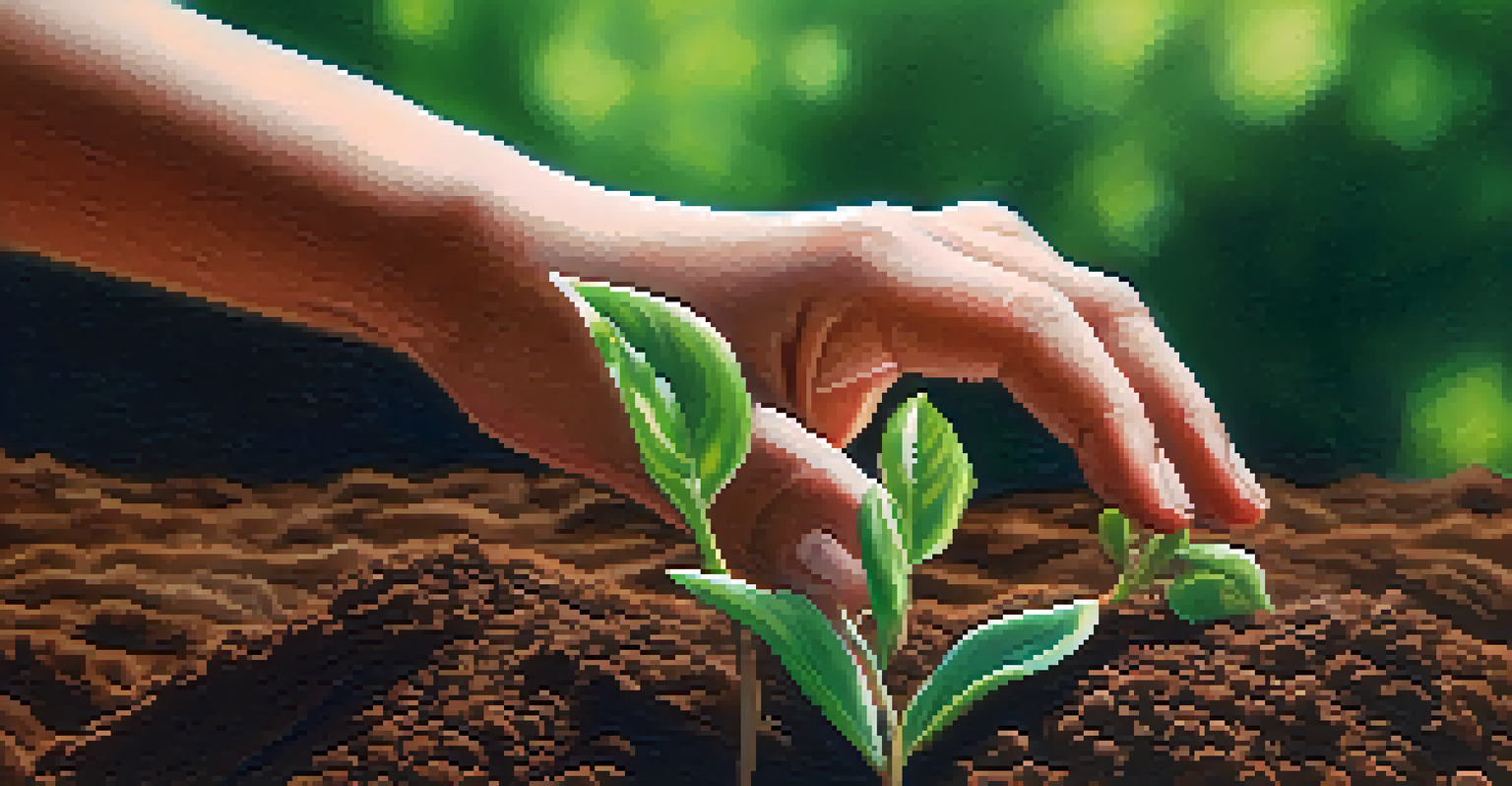 A person's hands holding a small green plant in soil, symbolizing growth and development, with soft natural light highlighting the scene.