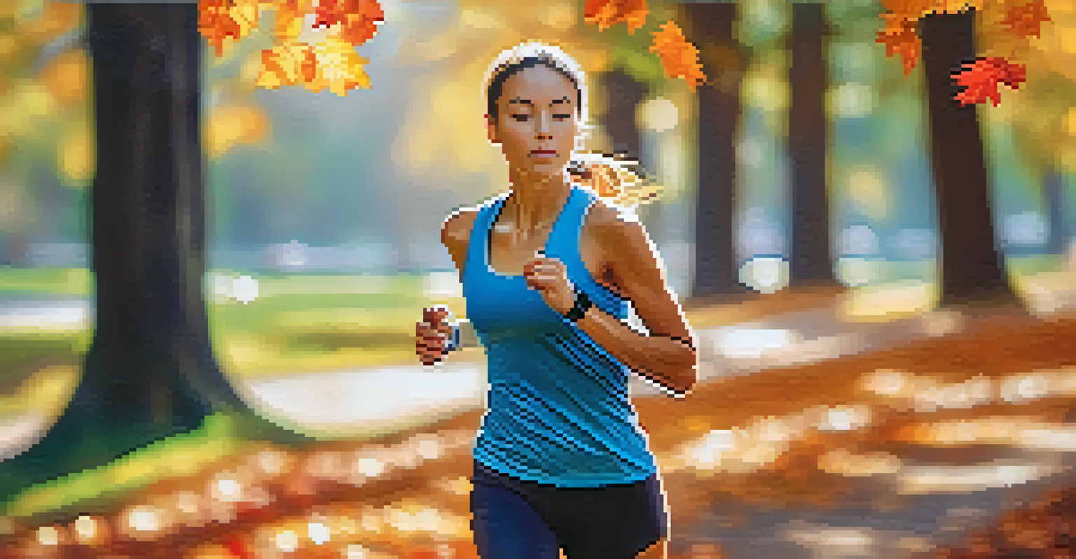 A person jogging in a park wearing a fitness tracker, surrounded by colorful autumn leaves and sunlight filtering through trees.