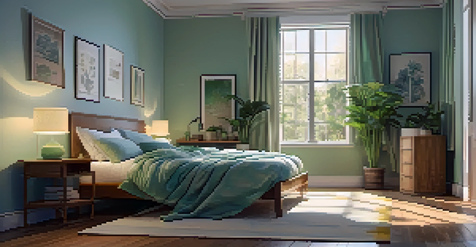 A peaceful bedroom with a cozy bed, warm lights, and green plants creating a relaxing environment.