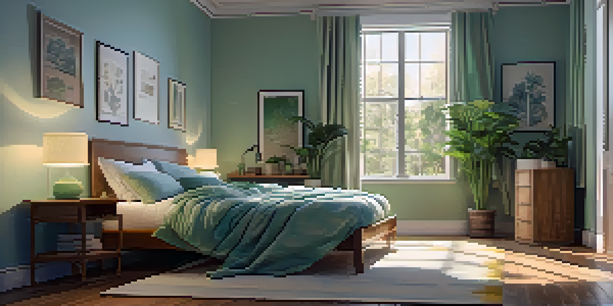 A peaceful bedroom with a cozy bed, warm lights, and green plants creating a relaxing environment.