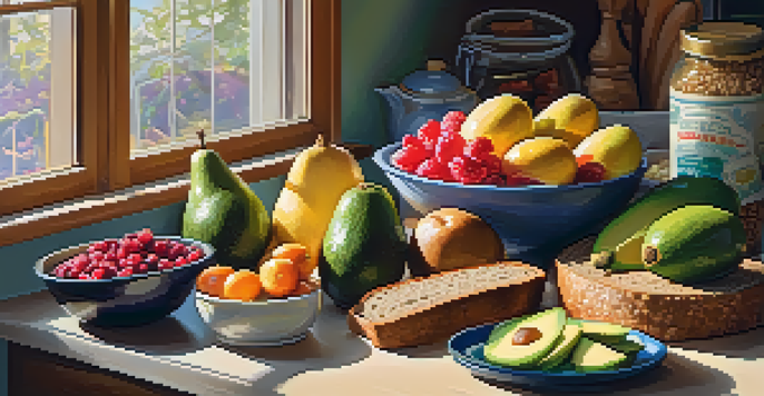 A bright kitchen with a wooden table displaying colorful fruits, vegetables, and whole grains, illuminated by sunlight.