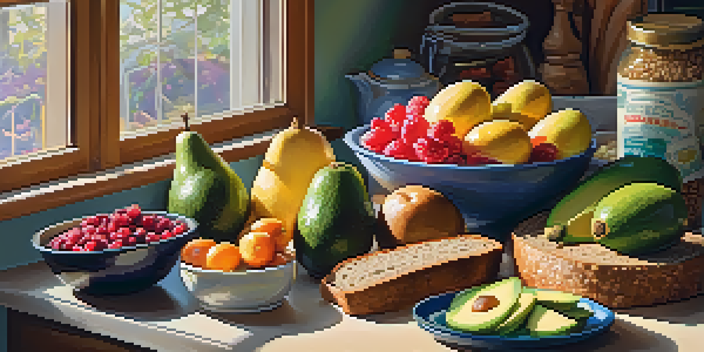 A bright kitchen with a wooden table displaying colorful fruits, vegetables, and whole grains, illuminated by sunlight.