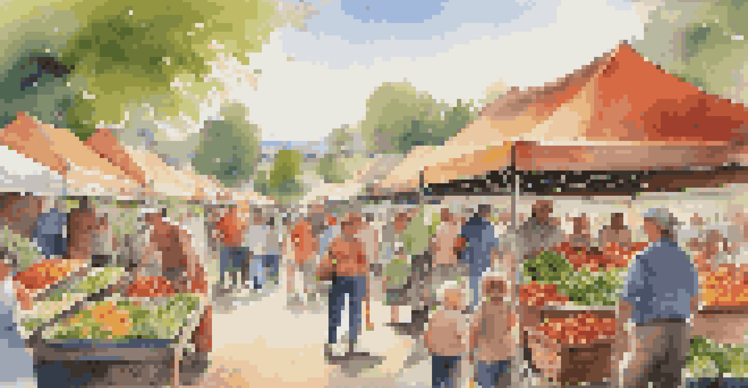 A bustling farmers' market with children learning about fresh produce.
