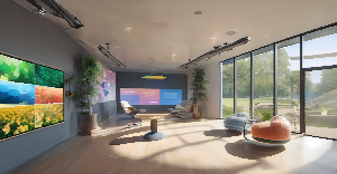 A rehabilitation therapy room with a patient using a VR headset, interacting with a virtual park environment, and various rehabilitation equipment around.