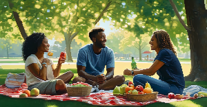 A group of diverse friends enjoying a picnic in a park, sharing healthy foods and laughing together under the trees.