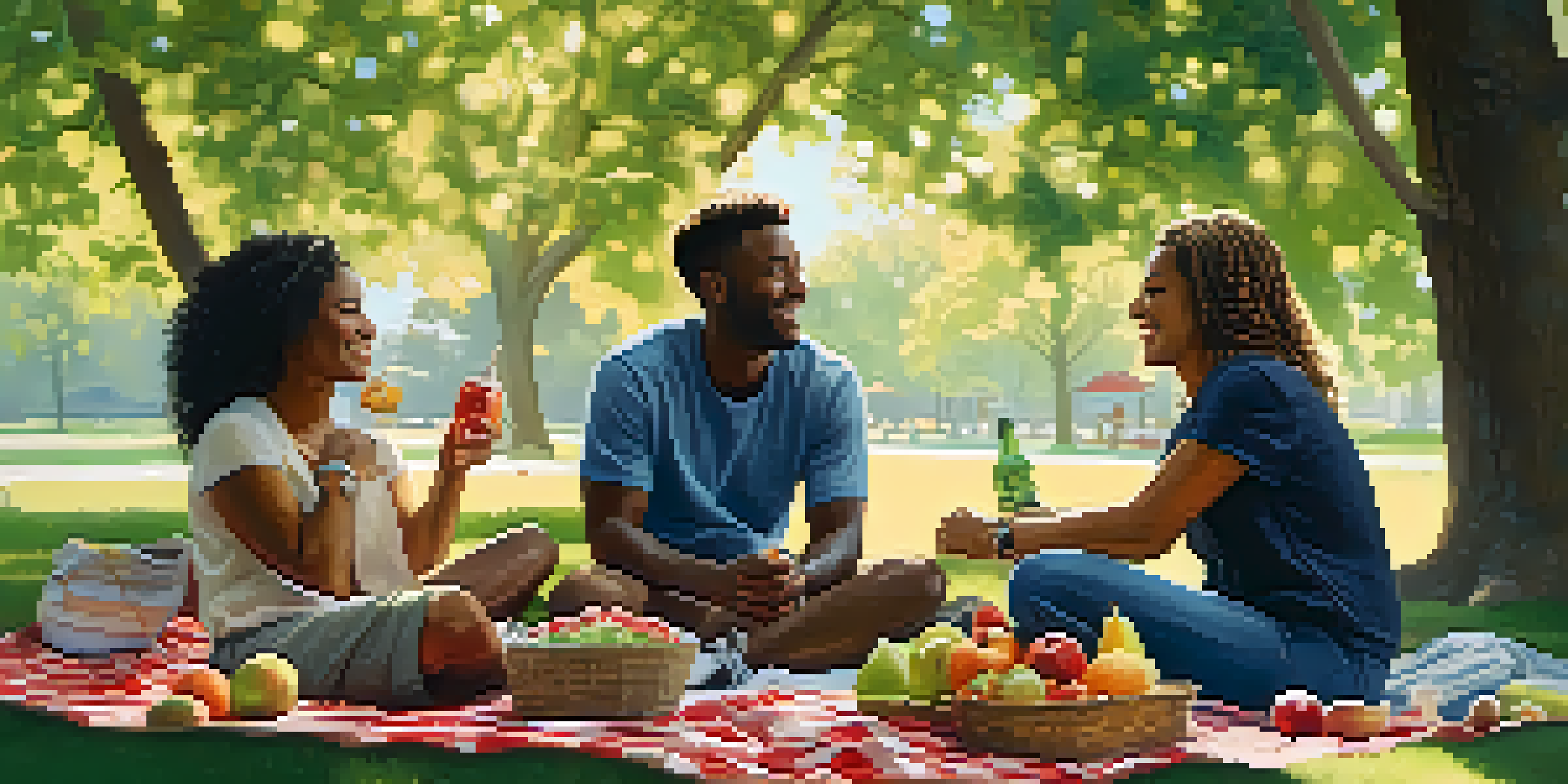 A group of diverse friends enjoying a picnic in a park, sharing healthy foods and laughing together under the trees.